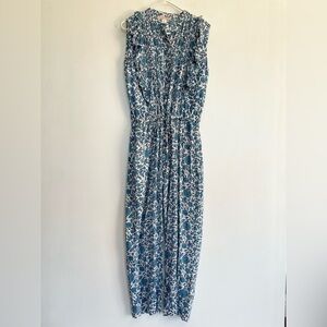 Banjanan Floral Blue Sleeveless Jumpsuit Button Down Drawstring Pocket Size M